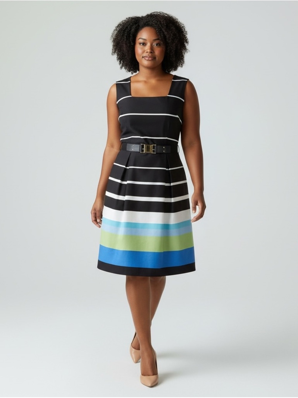 Dorothy Perkins Sheath Dress Sleeveless Black White Green Blue Stripes Size  14